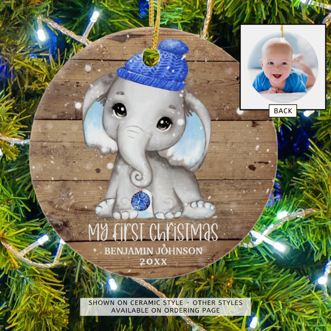 Cute Elephant Boy Baby's FIRST CHRISTMAS Photo Ceramic Tree Decoration (Creator Uploaded)
