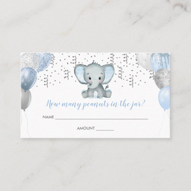 Cute Elephant Boy Balloons Baby Shower Guess Card (Front)