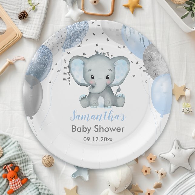Cute Elephant Boy Balloons Baby Shower Paper Plate (Cute Elephant Boy Balloons Baby Shower Paper Plates)