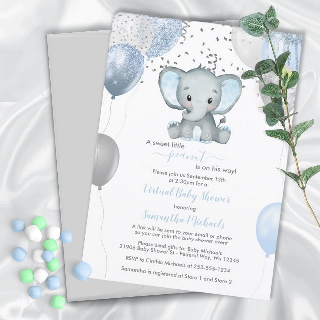 Cute Elephant Boy Balloons Virtual Baby Shower Invitation (Blue Elephant Baby Shower Invitation)