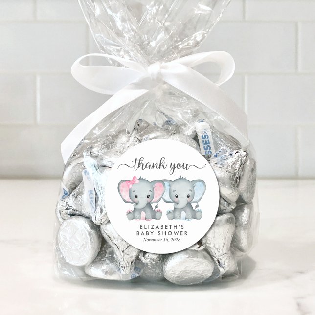 Cute Elephant Boy Girl Twin Baby Shower Thank You Classic Round Sticker (Creator Uploaded)