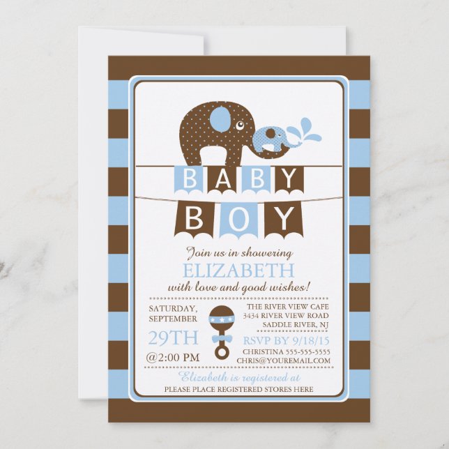 Cute Elephant Boys Baby Shower Invitation (Front)
