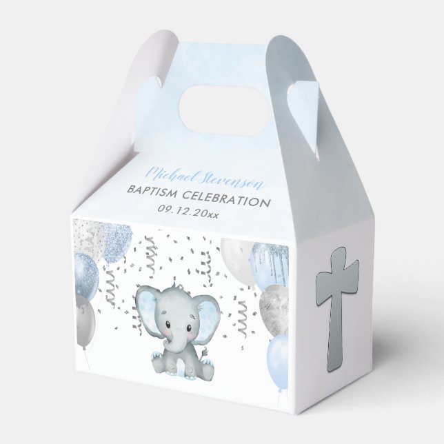 Cute Elephant Boys Balloon Baptism Favour Box (Front Side)