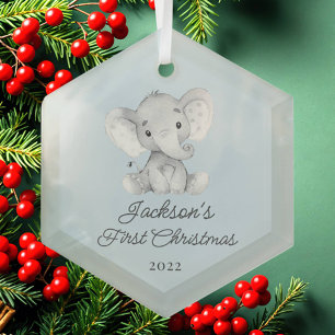 Cute Elephant Boys First Christmas Glass Tree Decoration