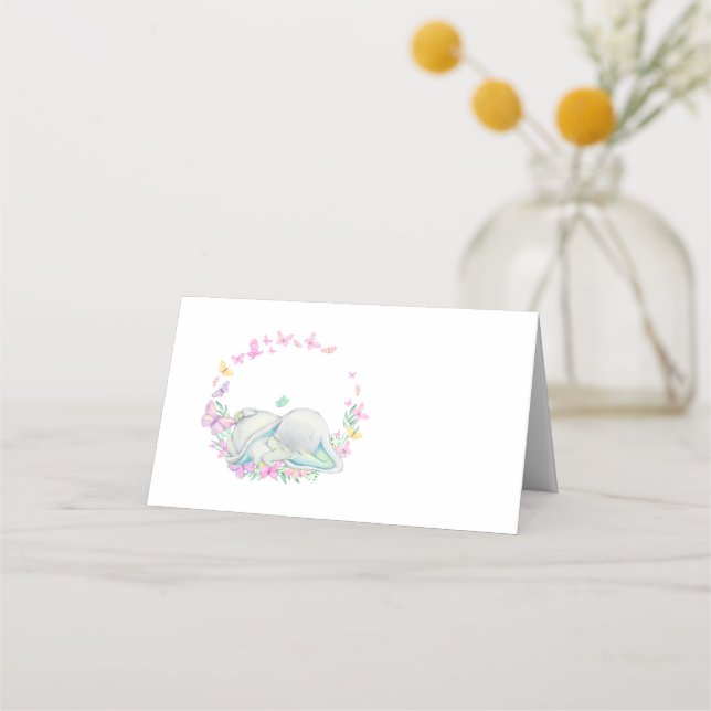 Cute Elephant Butterfly Blue Place Card (Front)