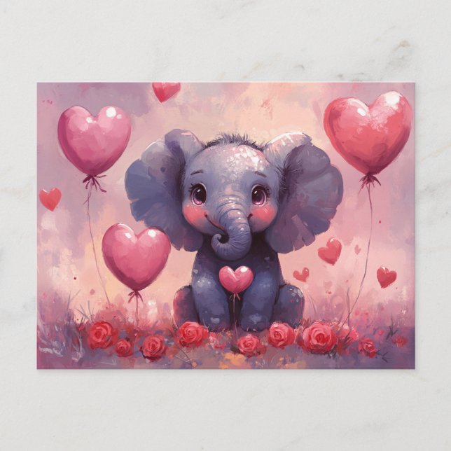 Cute Elephant Calf Heart Balloons Postcard (Front)