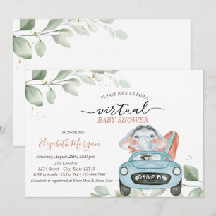 Cute Elephant Car Virtual Drive By Baby Shower Invitation