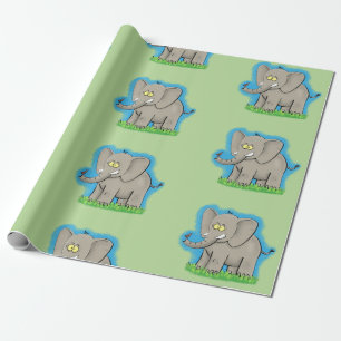 Cute elephant cartoon green pattern wrapping paper