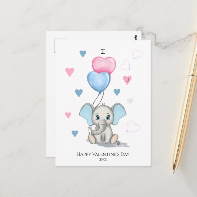 Cute Elephant Cartoon | Personalised Valentine's   Postcard (Front/Back In Situ)