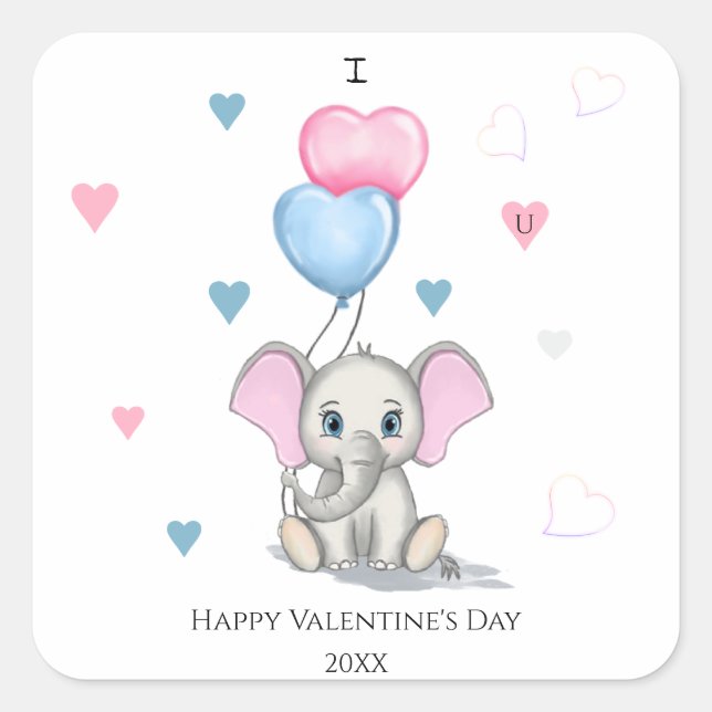 Cute Elephant Cartoon | Personalised Valentine's S Square Sticker (Front)