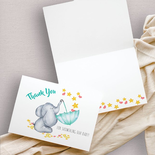 Cute Elephant Catching Falling Stars Baby Shower Thank You Card (Cute baby elephant thank you card)