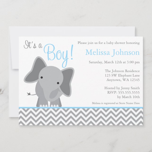 Cute Elephant Chevron Light Blue Baby Shower Invitation (Front)