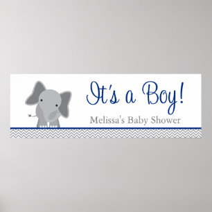 Cute Elephant Chevron Navy Blue Baby Shower Poster