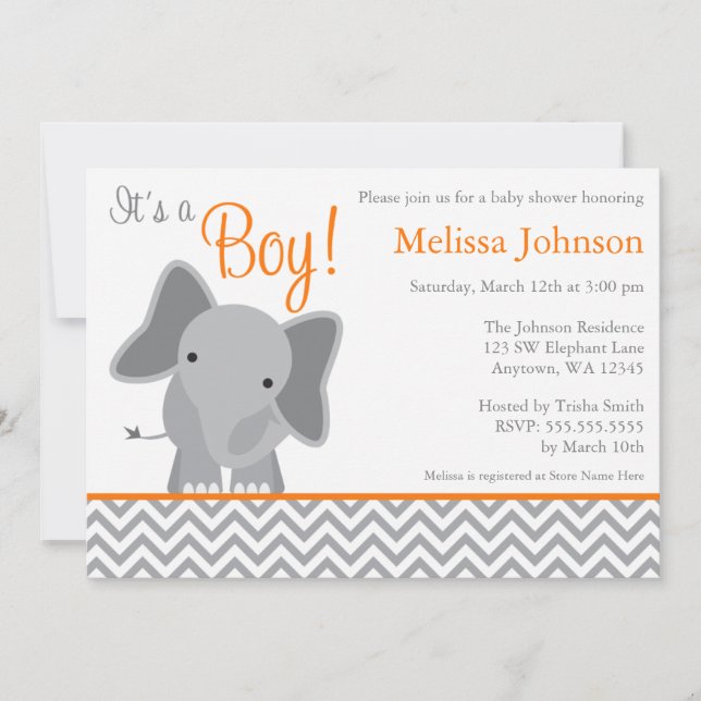 Cute Elephant Chevron Orange Baby Shower Invitation (Front)