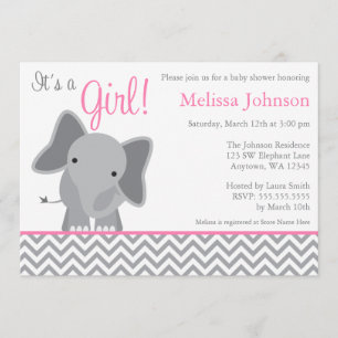 Cute Elephant Chevron Pink Baby Shower Invitation