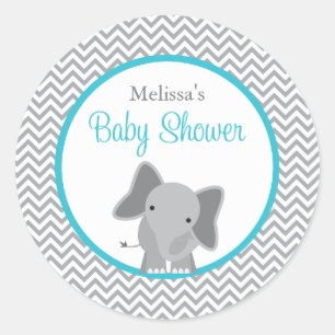 Cute Elephant Chevron Teal Baby Shower Classic Round Sticker