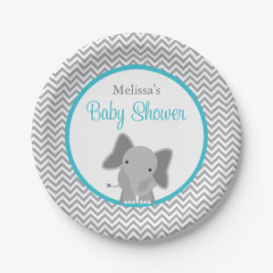 Cute Elephant Chevron Teal Baby Shower Paper Plate