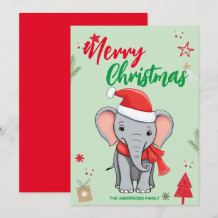 Cute Elephant Christmas tree Holiday Family name Card