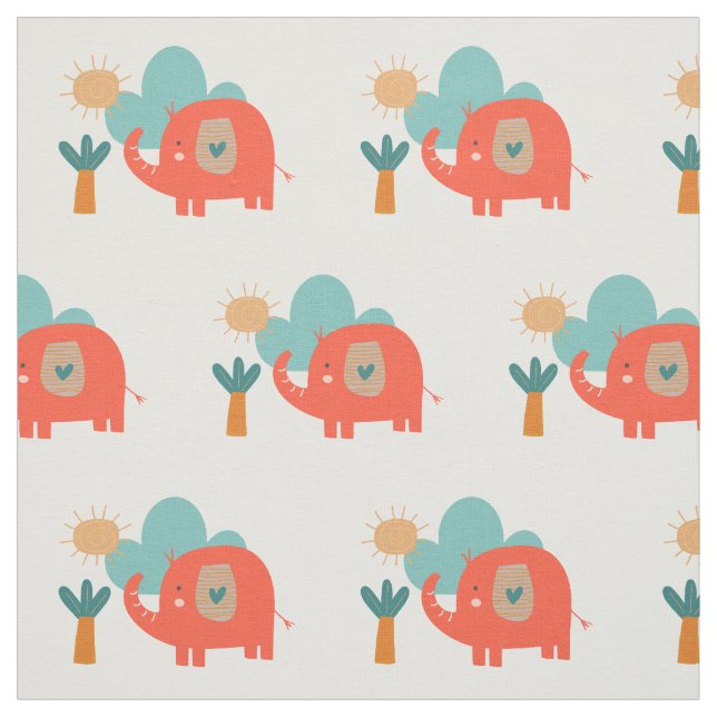 Cute Elephant Cloud Tree Sunshine Pattern Red Teal Fabric (Swatch)
