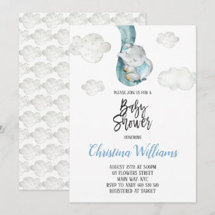 Cute Elephant Clouds Sky Neutral Baby Shower Invitation