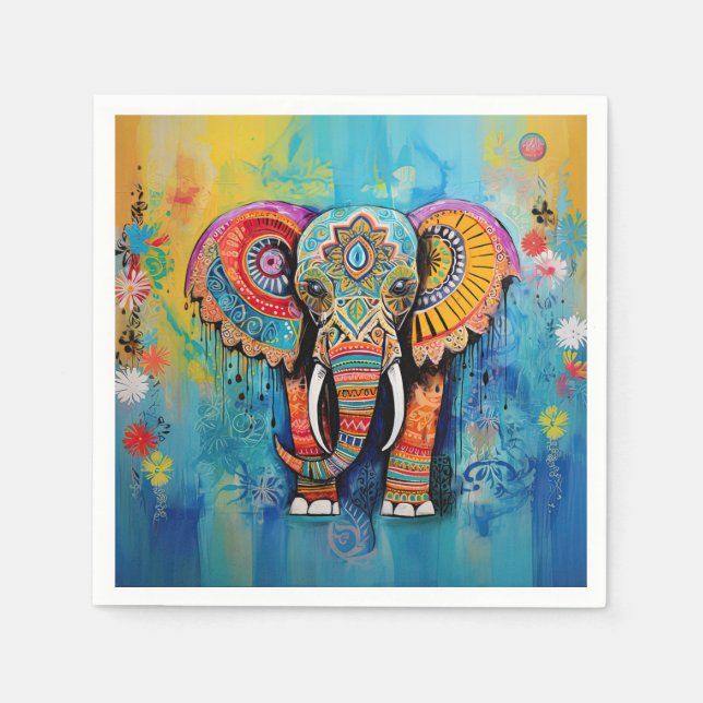 Cute Elephant Colourful Funky Mixed Media Animal Napkin (Front)