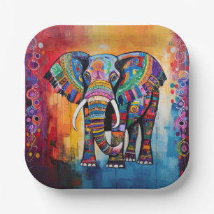 Cute Elephant Colourful Funky Mixed Media Animal Paper Plate