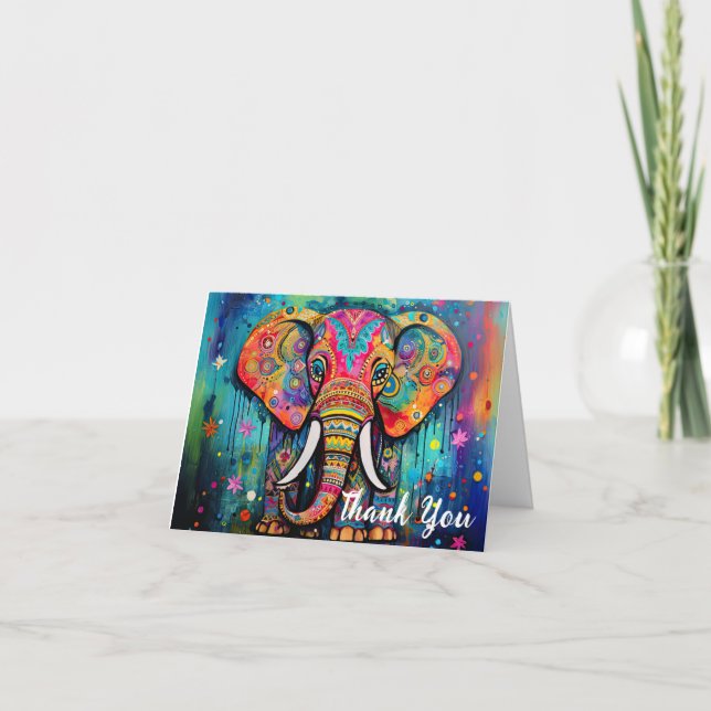 Cute Elephant Colourful Funky Mixed Media Animal Thank You Card (Front)