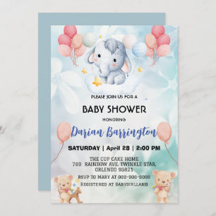 Cute elephant cub Bear baby shower kids boys Invitation