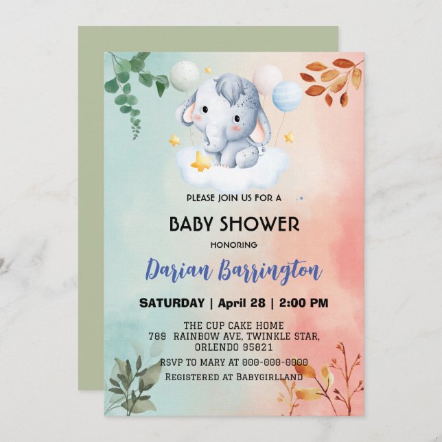 Cute elephant cub flowers baby shower kids boys invitation (Front/Back)