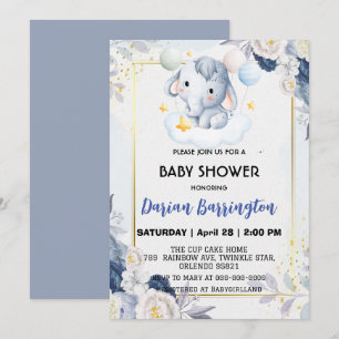 Cute elephant cub flowers baby shower kids boys invitation