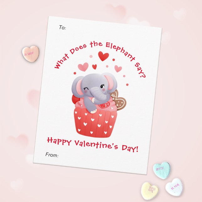 Cute Elephant Cupcake Custom Kids Valentine's Day Holiday Card (Creator Uploaded)