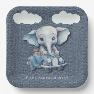 Cute Elephant Denim Vintage Car Boy Baby Shower Paper Plate