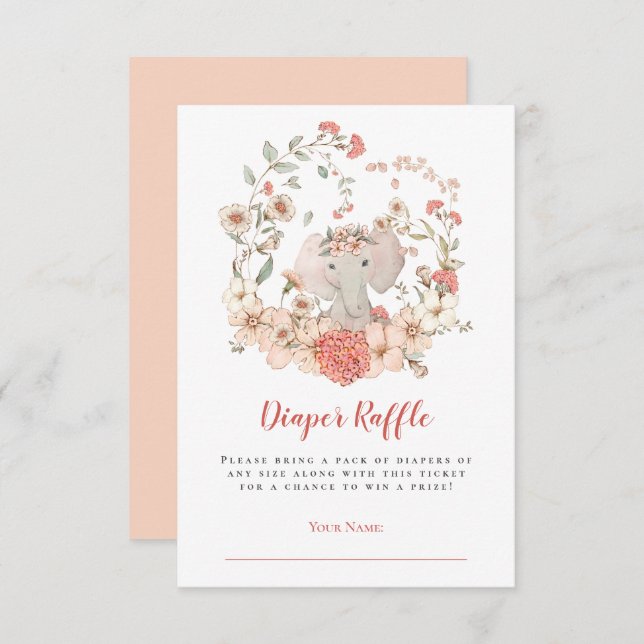 Cute Elephant Diaper Raffle Peach Baby Shower Enclosure Card (Front/Back)