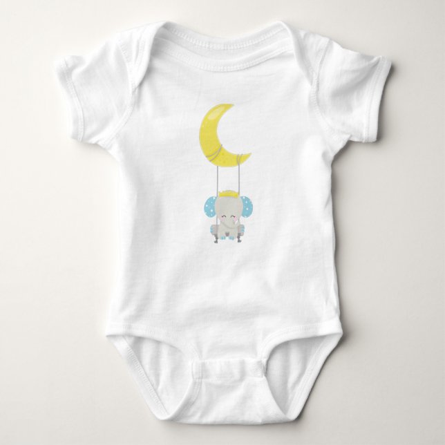 Cute Elephant, Elephant On A Swing, Crown, Moon Baby Bodysuit (Front)