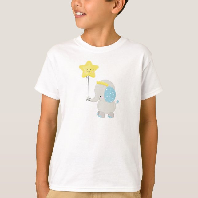 Cute Elephant, Elephant With Balloon, Crown, Star T-Shirt (Front)