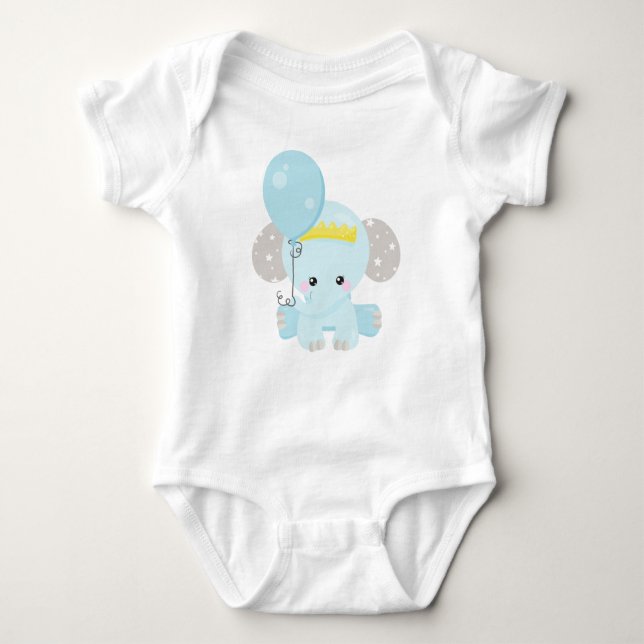 Cute Elephant, Elephant With Balloon, Crown, Stars Baby Bodysuit (Front)