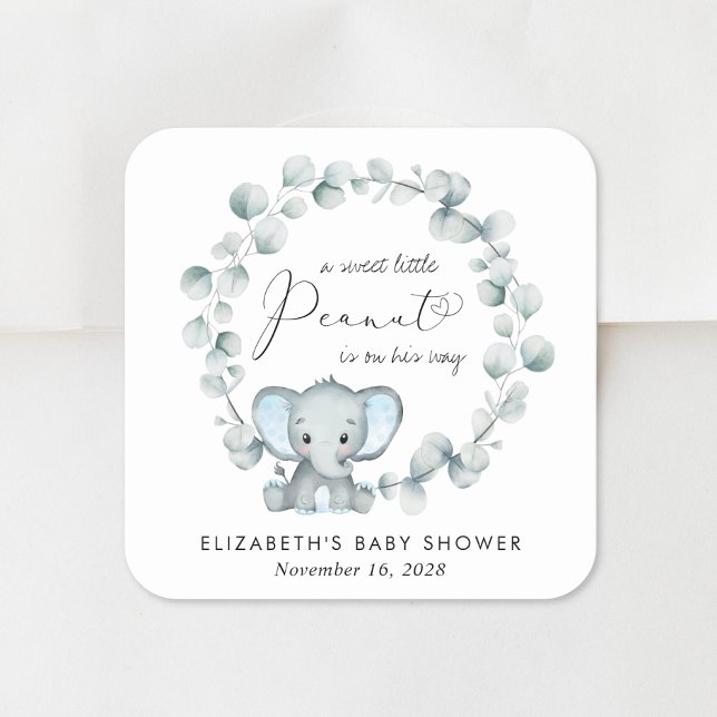 Cute Elephant Eucalyptus Baby Boy Shower Square Sticker (Creator Uploaded)