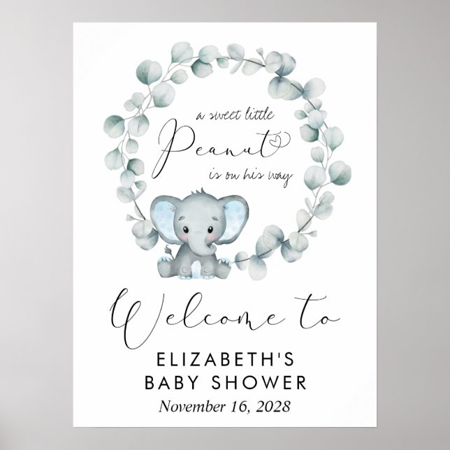 Cute Elephant Eucalyptus Baby Boy Shower Welcome Poster (Front)