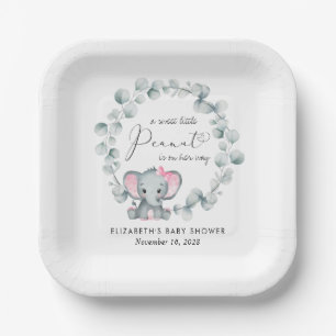 Cute Elephant Eucalyptus Baby Girl Shower Paper Plate