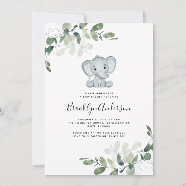 Cute Elephant Eucalyptus Baby Shower Invitation (Front)