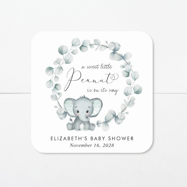 Cute Elephant Eucalyptus Baby Shower Square Sticker (Creator Uploaded)