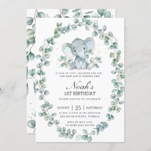 Cute Elephant Eucalyptus Greenery Birthday Boy Invitation