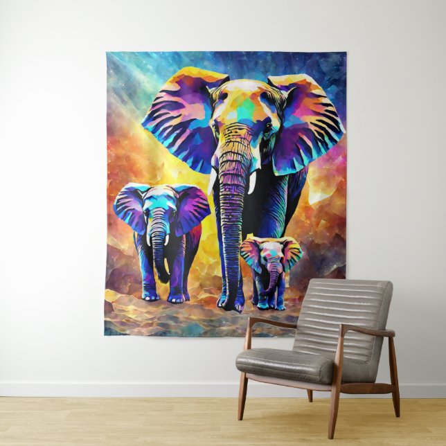 Cute Elephant Family Tapestry Wall Hanging (In Situ)
