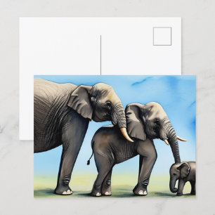 Cute Elephant Family Watercolor Postcard