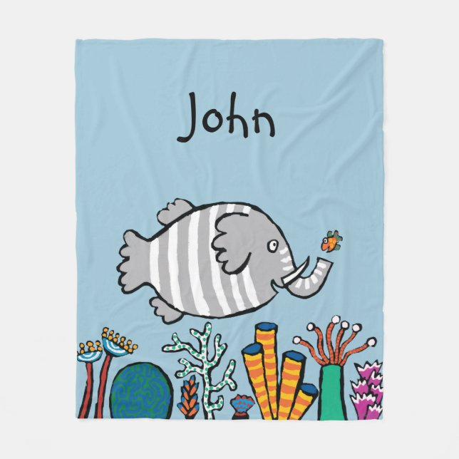 Cute Elephant Fish Scene with Coral Fleece Blanket (Front)