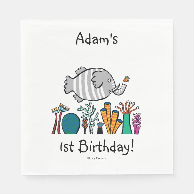 Cute Elephant Fish Scene with Coral Napkin (Front)