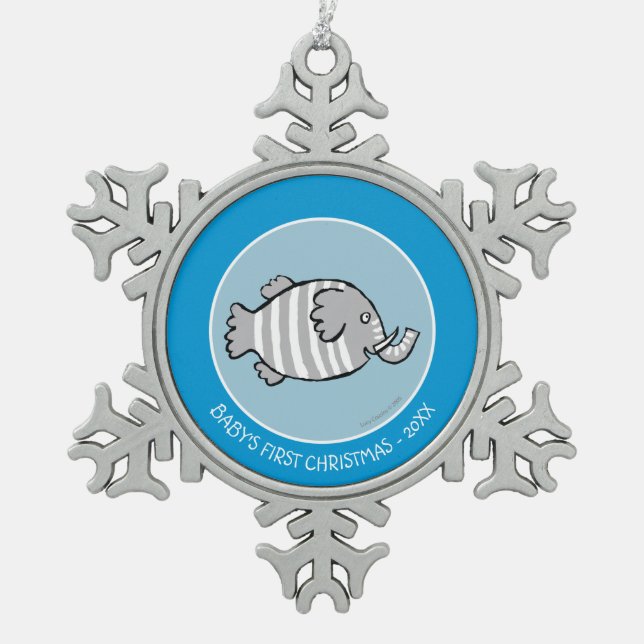Cute Elephant Fish Scene with Coral Snowflake Pewter Christmas Ornament (Front)