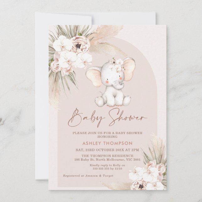 Cute Elephant Floral Boho Arch Baby Shower Invitation (Front)