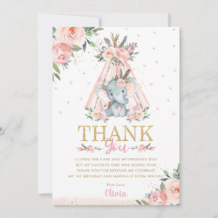 Cute Elephant Floral Boho Tribal Birthday Party Thank You Card