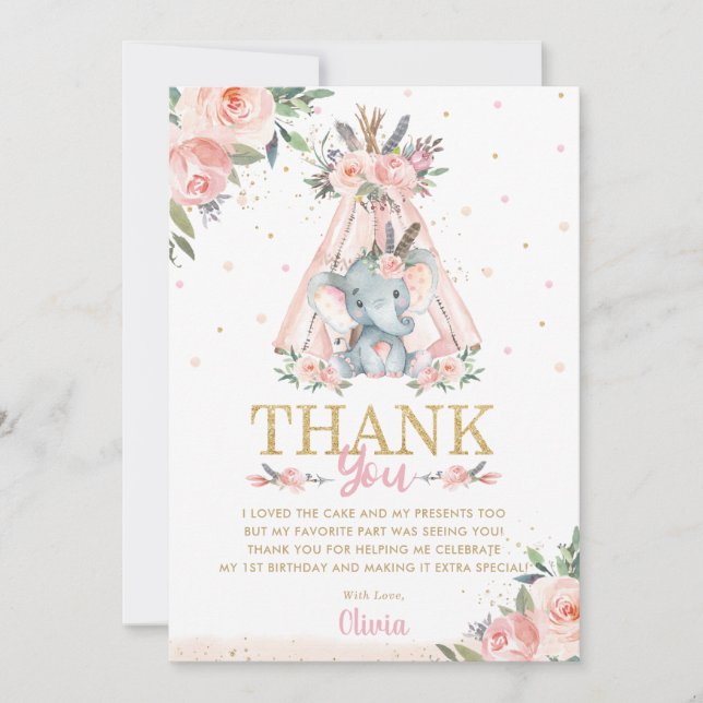 Cute Elephant Floral Boho Tribal Birthday Party  Thank You Card (Front)